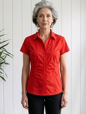 NWT Nue Options Short Sleeve Red Ruched Button-Down Shirt ~sz M